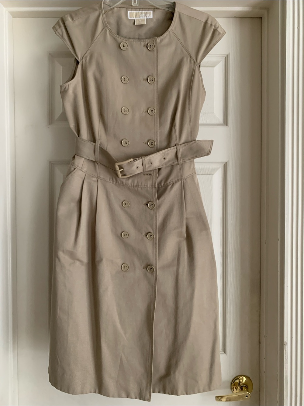 MICHAEL Michael Kors Beige Double-Breasted Belted Cap-Sleeve Dress
